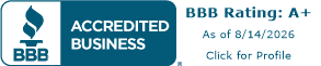 BBB Accredited Business badge with A+ rating as of August 2026