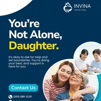 Older woman and younger woman embracing warmly with encouraging text overlay